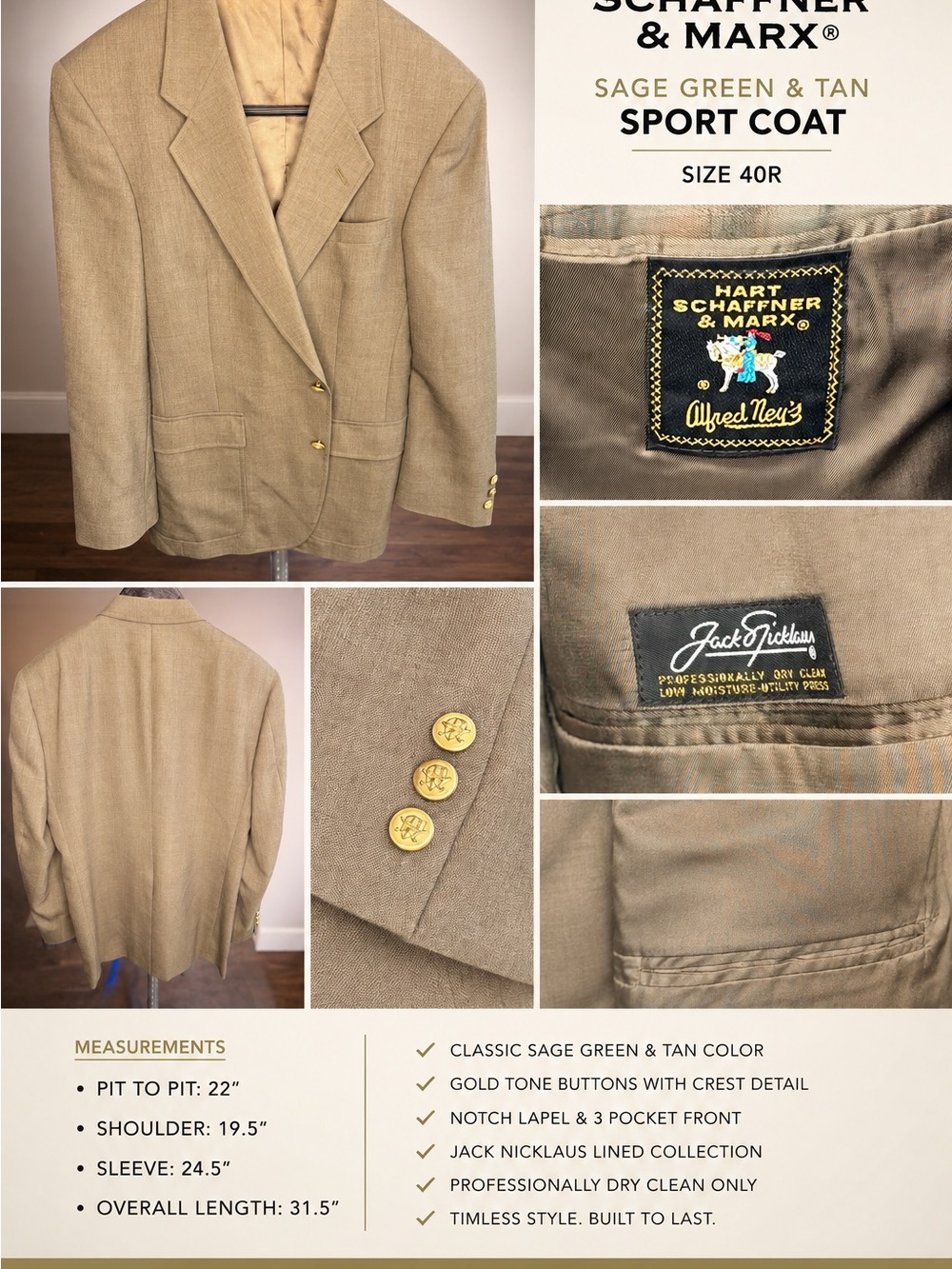 Hart Schaffner Marx Tan Sport Coat with Gold Crest Buttons 40R